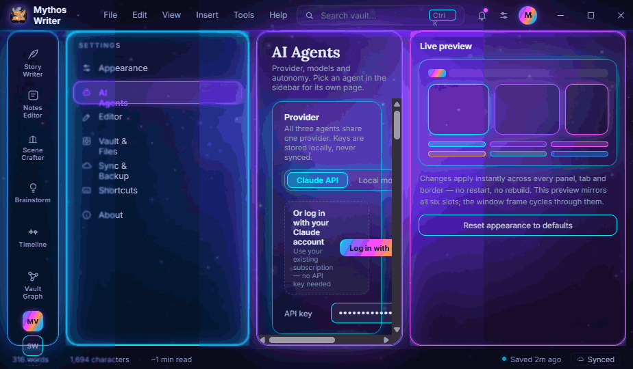 Mythos Writer Vault Graph auto-linking view