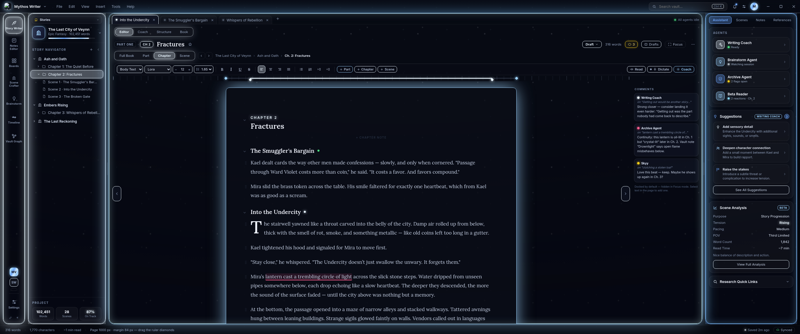 Mythos Writer manuscript — chapter heading and scene prose in the Liquid Neon editor